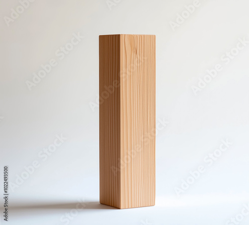 A wooden block is standing upright on a white background