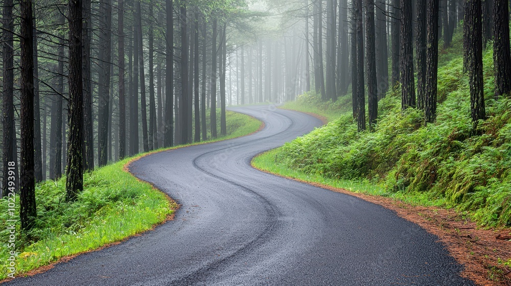 Winding Road Through a Foggy Forest Winding Road Through a Foggy Forest