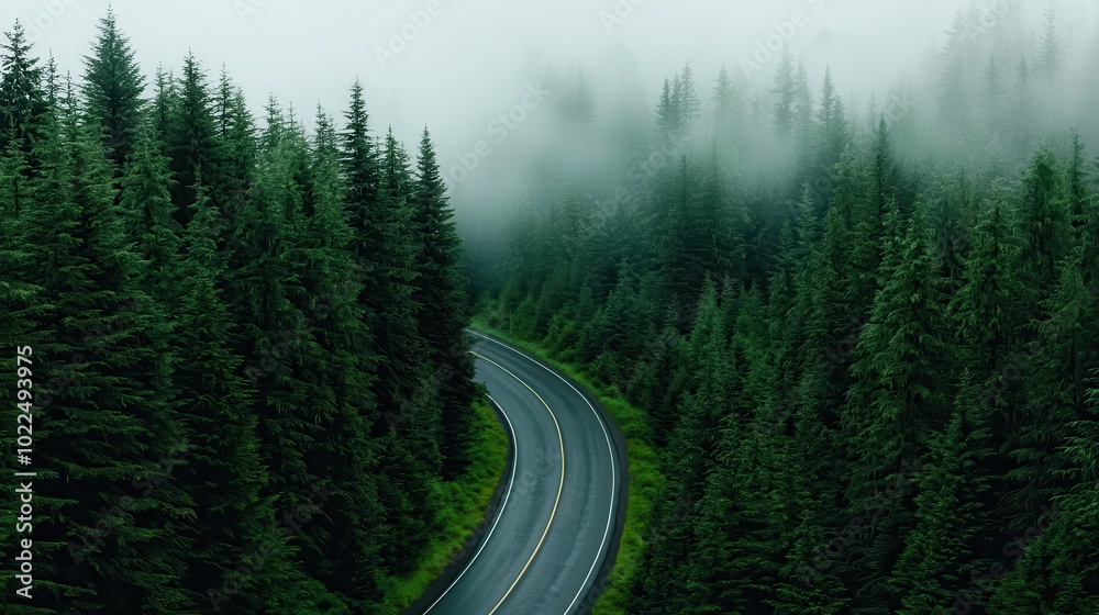 Winding Road Through a Foggy Evergreen Forest Winding Road Through a Foggy Evergreen Forest