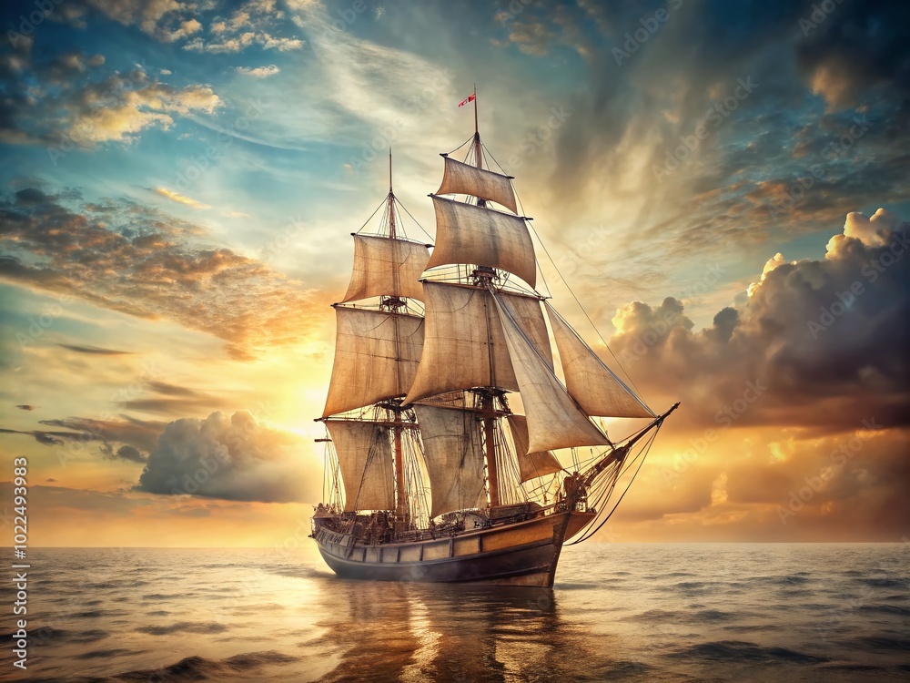 Fototapeta premium Vintage Style Photography of Historic Ship Sailing the Sea in Intricate Detail