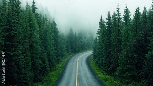 Winding Road Through Foggy Evergreen Forest