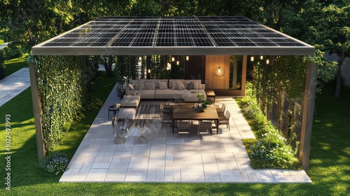 Solar panels atop a pergola offer both shade and a green energy solution.
