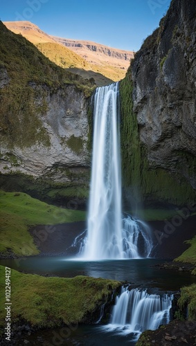 Serene waterfall cascading into a lush valley background for invitation or card screensaver