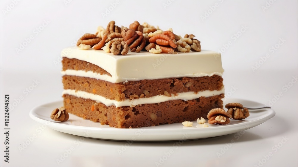 A slice of rich carrot cake with cream cheese frosting and a walnut garnish, isolated on white background.- A slice of rich carrot cake with cream cheese frosting and a walnut garnish, isolated on white background.-