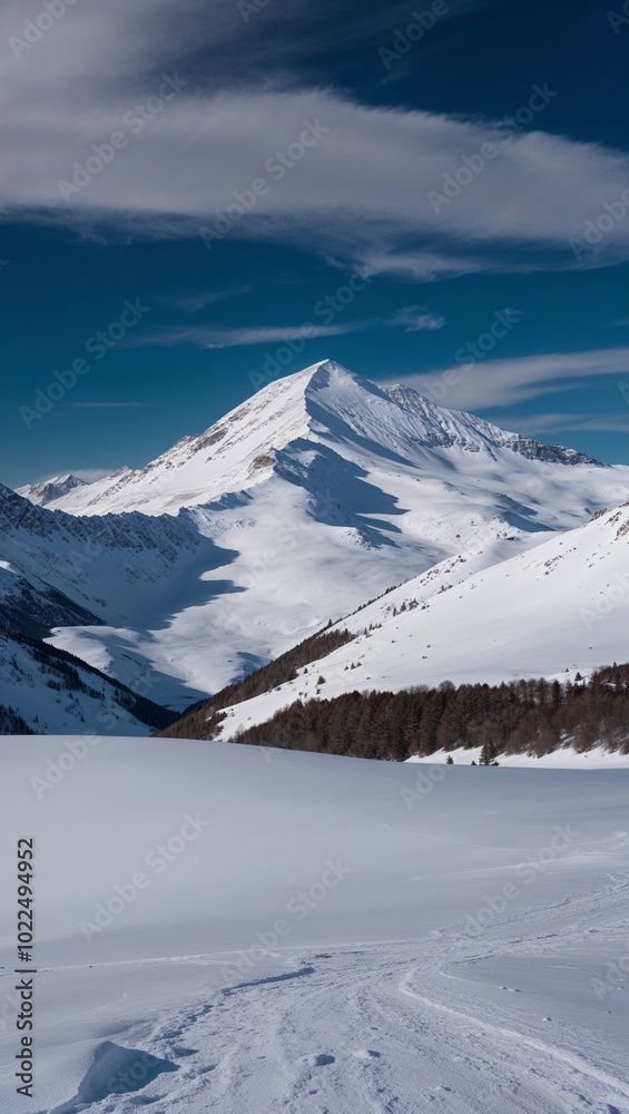 Fototapeta premium Snow covered mountain range under a clear blue sky background for invitation or card screensaver