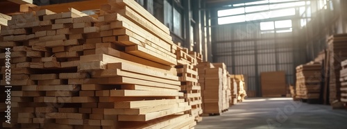 Vibrant, high-resolution footage of stacked pine planks in an industrial warehouse setting. 