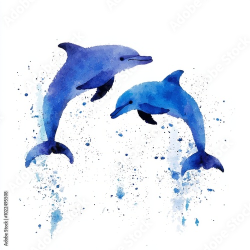 Watercolor painting of dolphins jumping through the air like waves, on isolated white background photo