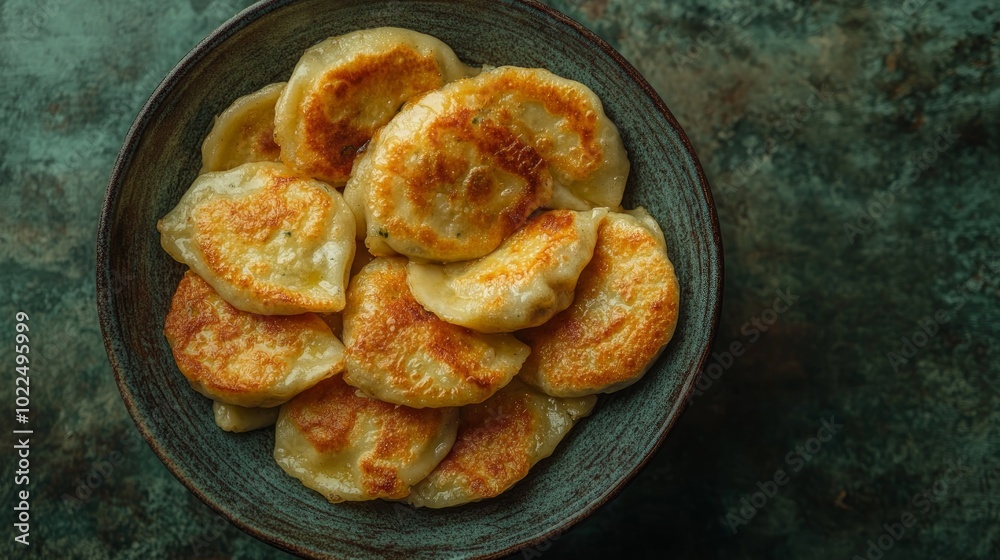 A bowl of golden brown, fried pierogies on a rustic green background. A bowl of golden brown, fried pierogies on a rustic green background.
