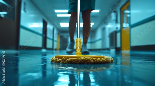 A person mopping a hospital hallway floor with a yellow mop. photo