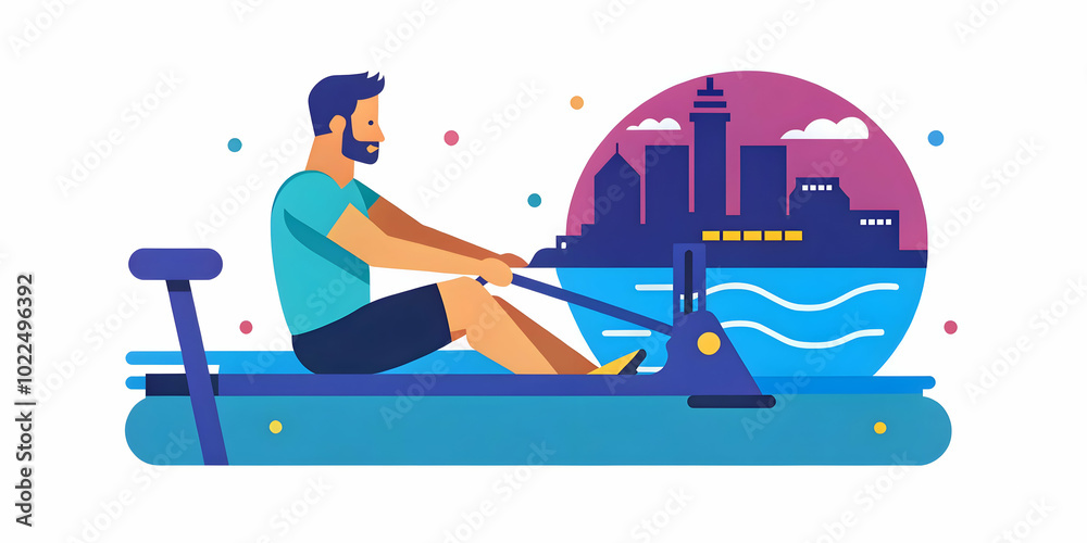 Candid Image of a Man Using Smart Rowing Machine Overlooking Lake Union in Seattle, Integrating Tech in Exercise Milestones - Photo Stock Concept Candid Image of a Man Using Smart Rowing Machine Overlooking Lake Union in Seattle, Integrating Tech in Exercise Milestones - Photo Stock Concept
