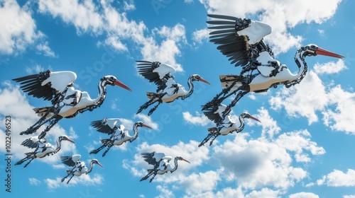 A group of robotic storks with mechanical wings, migrating across a bright blue sky