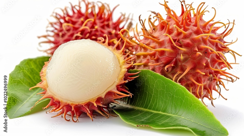 Ripe Rambutan Fruit with Green Leaves on White Background Ripe Rambutan Fruit with Green Leaves on White Background