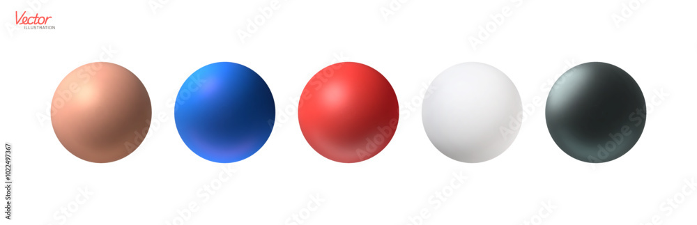 Set of Plain matte Brown Paste Skin Blue Red White Black Color 3D Sphere icon. Ball shape isolated on white background. Plastic Bubble. Simple Orb form. Vector 3D illustration.