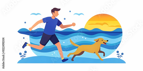 Candid Moment of Joy: Dog and Owner Running Together on the Beach, Capturing the Beauty of Nature and Their Unbreakable Bond