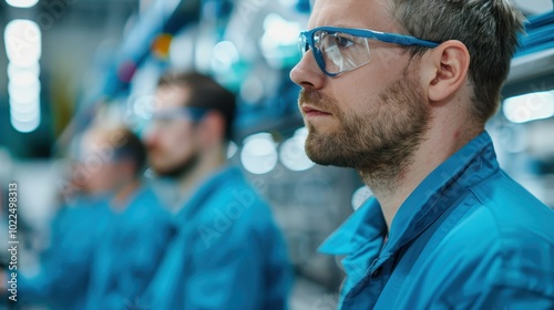 Close-up of a Man in Safety Glasses and Blue Workwear Looking to the Right