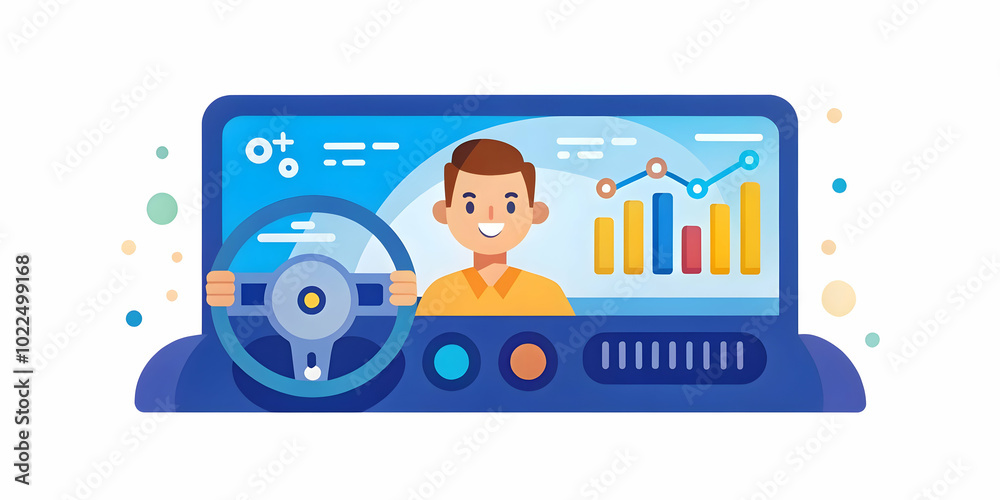 Futuristic Dashboard Displaying Energy Levels and Performance Metrics with Excited Driver in Background - Synergy of Technology and Emotion in Driving | Photo Stock Concept Futuristic Dashboard Displaying Energy Levels and Performance Metrics with Excited Driver in Background - Synergy of Technology and Emotion in Driving | Photo Stock Concept