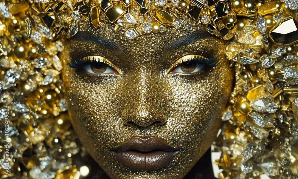 Close-up of a Woman's Face Covered in Gold Glitter and Jewels Close-up of a Woman's Face Covered in Gold Glitter and Jewels