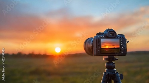 A DSLR camera on a tripod captures a vibrant sunset, with the sun's reflection visible on the camera's LCD screen.