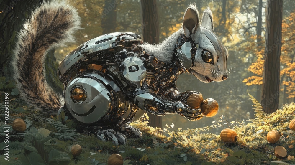 A robotic squirrel collecting metallic acorns, its body reflecting the forest surroundings