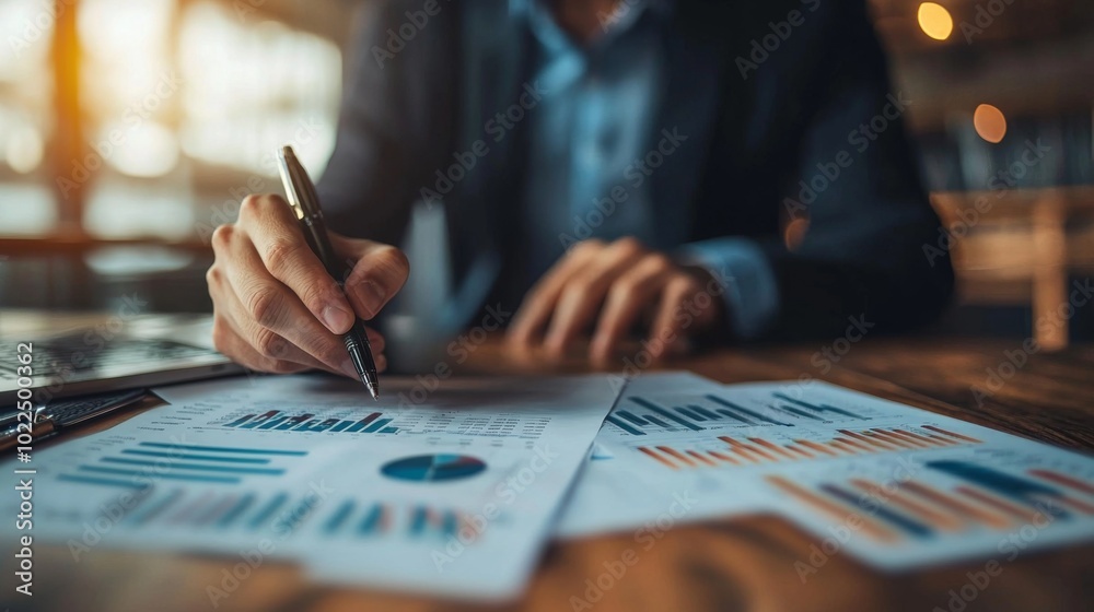 Business analyst reviewing financial reports at a desk Business analyst reviewing financial reports at a desk