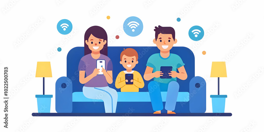Family Using Smartphones to Control Home Lighting: A Candid Shot of Bonding Through Smart Home Technology in Their Living Room Family Using Smartphones to Control Home Lighting: A Candid Shot of Bonding Through Smart Home Technology in Their Living Room