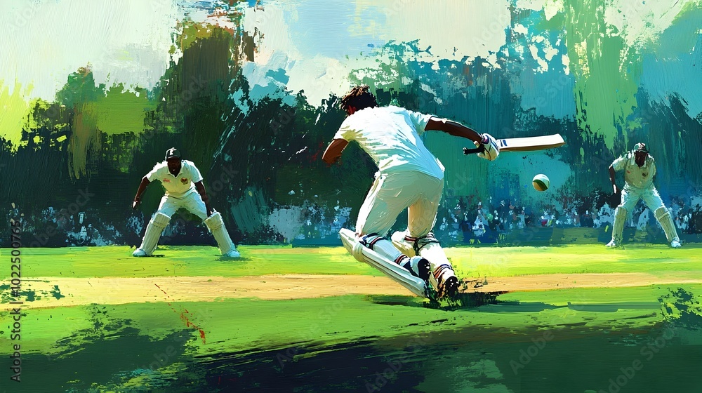 Cricket Bowler s Explosive Delivery Amid Captivating Field Scene Cricket Bowler s Explosive Delivery Amid Captivating Field Scene
