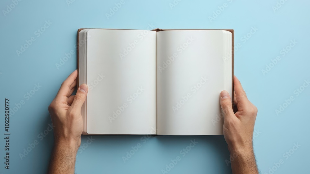 Open Book Held by Hands Against a Light Blue Background Open Book Held by Hands Against a Light Blue Background