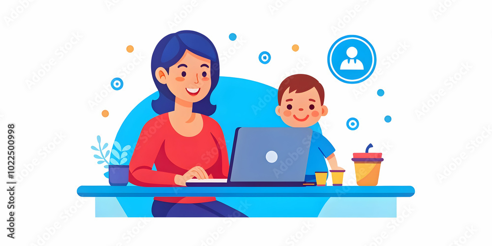Balancing Work and Family: A Woman Working on Laptop at Dining Table with Child Playing Nearby - Candid Shot of Happiness in Work-From-Home Life Balancing Work and Family: A Woman Working on Laptop at Dining Table with Child Playing Nearby - Candid Shot of Happiness in Work-From-Home Life