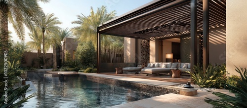 Modern desert pergola with luxurious amenities and integrated water features.