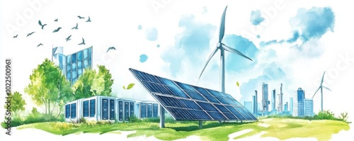 Renewable energy storage solutions flat design side view battery systems watercolor vivid