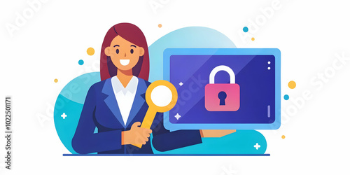 Businesswoman Unlocking Digital Milestone Concept: Close-Up of Businesswoman with Digital Key Unlocking Glowing Milestone Icon on Transparent Interface with Abstract Shapes & Bokeh Lights Representing