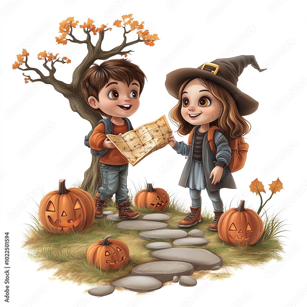 Fototapeta premium Two joyful children explore a whimsical Halloween scene, holding a treasure map among pumpkins and a tree, embodying festive spirit and adventure.