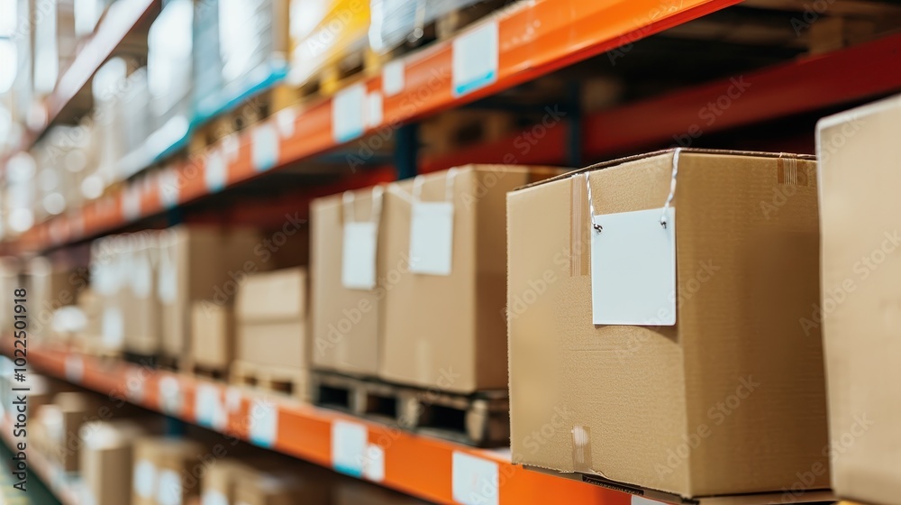 Cardboard Boxes Stacked on Orange Shelving in a Warehouse Cardboard Boxes Stacked on Orange Shelving in a Warehouse