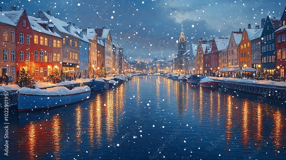 Fototapeta premium A vibrant night scene at Nyhavn, Copenhagen, the colorful waterfront houses adorned with twinkling Christmas lights, boats covered in snow gently bobbing in the canal.