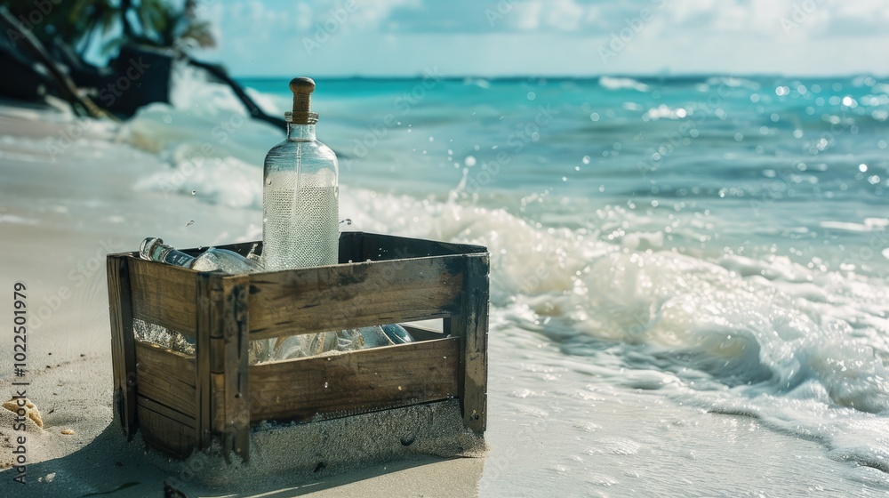 Obraz premium Write about the discovery of a washed-up crate containing vintage perfume bottles on a secluded beach, unraveling the mystery of their origin and the stories they carry.