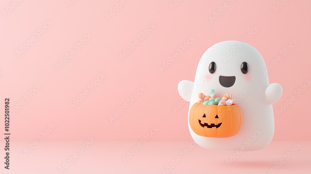 Cute Ghost Holding Halloween Candy Basket Cute Ghost Holding Halloween Candy Basket
