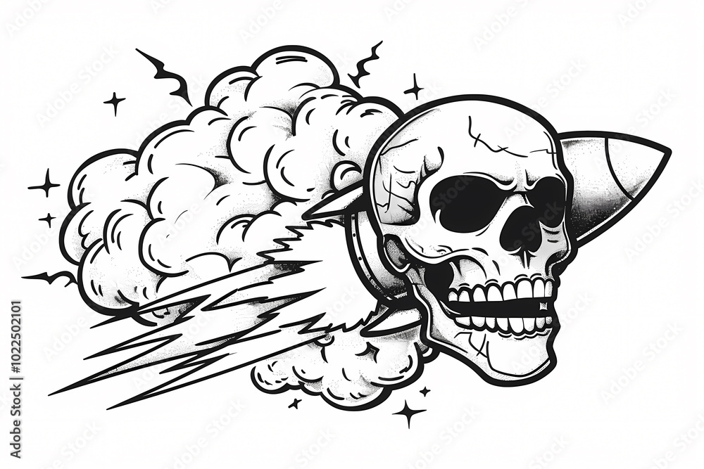 Fototapeta premium A striking black and white illustration of a skull with a rocket, creating an explosive, dynamic effect with clouds and sparks.