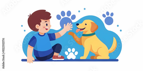 Joyful Interaction: Therapy Dog High Fiving a Child Against a Plain Background � Pet Therapy Concept with Copy Space for Stock Photos