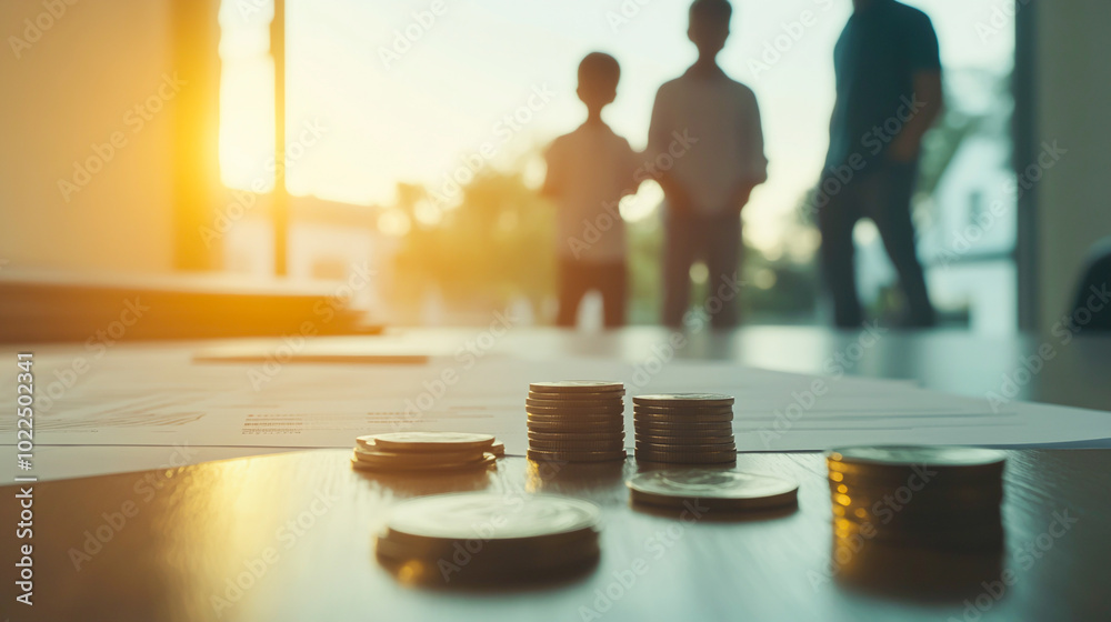 Family Business Concept with Coins and Children Silhouette Family Business Concept with Coins and Children Silhouette