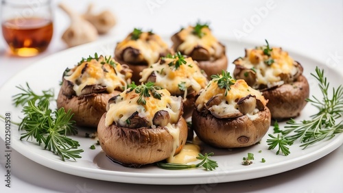 A plate of savory stuffed mushrooms with melted cheese and herbs, delicious and inviting, isolated on white background.-