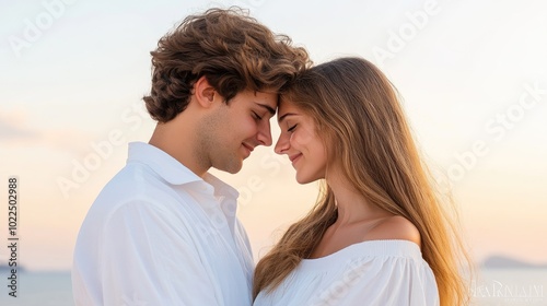 Romantic Couple Embracing at Sunset on Beach