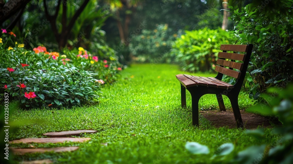 Fototapeta premium Serene Garden Escape with Wooden Bench Surrounded by Lush Greenery and Blooming Flowers