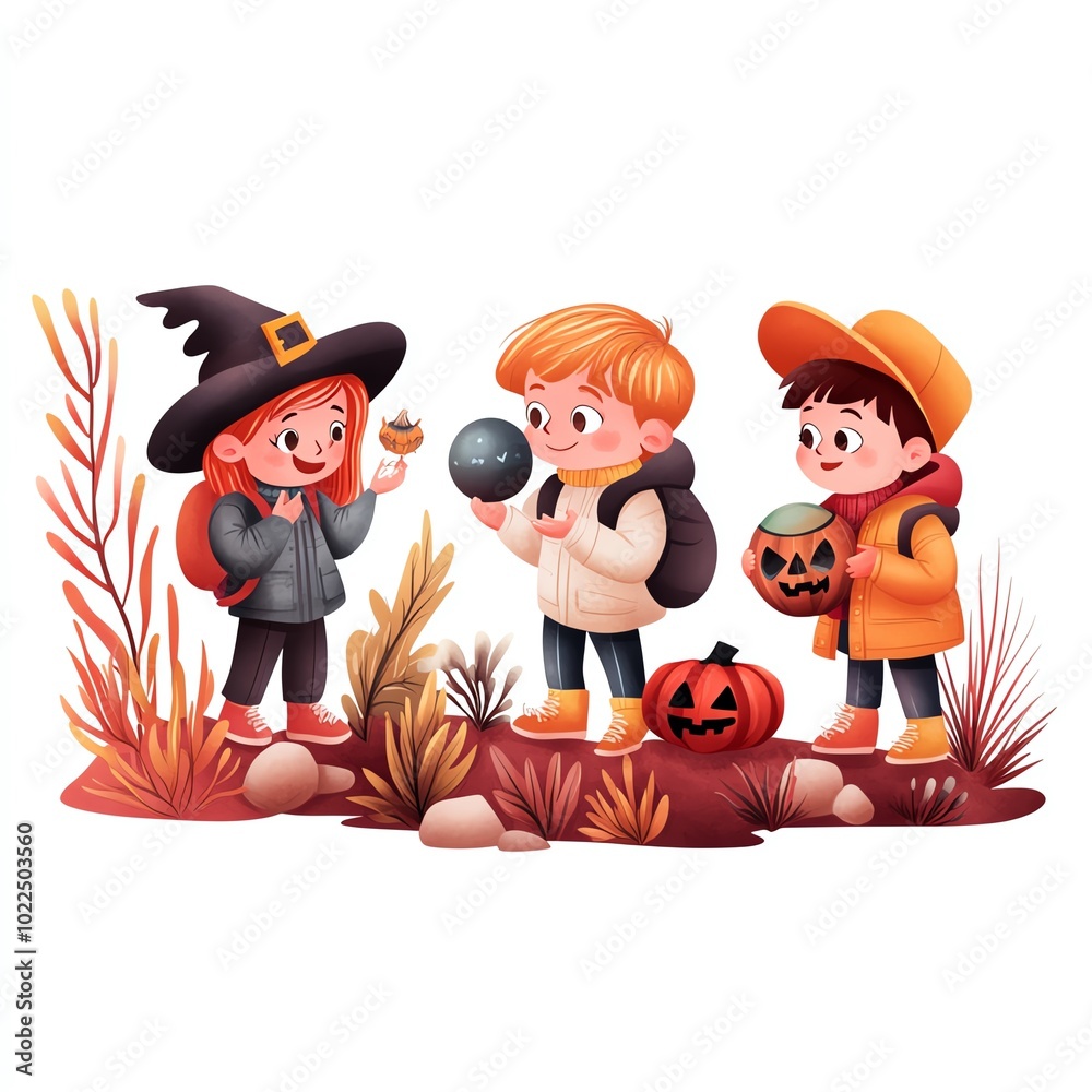 A playful scene of three children dressed for Halloween, exploring autumn nature, with pumpkins and seasonal elements surrounding them. A playful scene of three children dressed for Halloween, exploring autumn nature, with pumpkins and seasonal elements surrounding them.