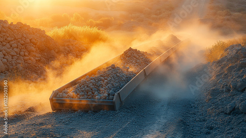 conveyor belt transports rough ore rocks under a moody evening sky, symbolizing the relentless flow of industry and the natural world's raw beauty, juxtaposed in a harmonious yet gritty landscape