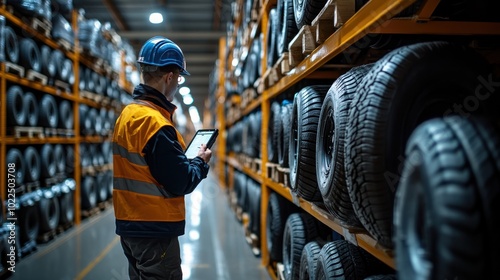 A worker uses a digital inventory system to track tires in a warehouse, showcasing modern technology and efficiency with detailed records. photo