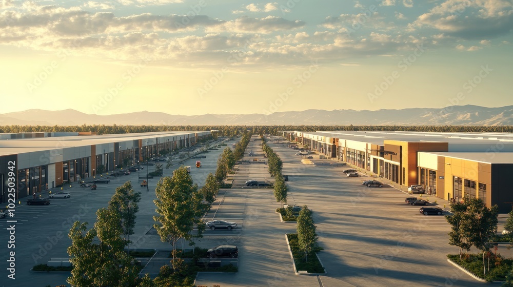 An aerial view of a large warehouse complex under clear skies ...