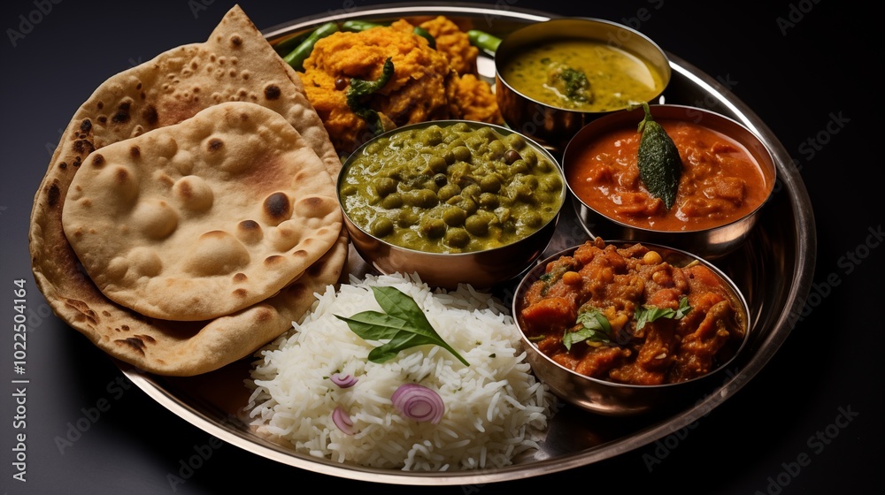 A traditional Indian thali with a variety of curries, rice, and naan.generative ai illustration A traditional Indian thali with a variety of curries, rice, and naan.generative ai illustration
