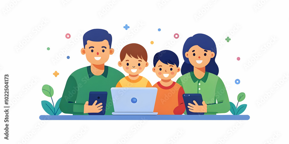 Children Teaching Parents How to Use Gadgets: Playful Bonding Moments Against a Soft Abstract Background Children Teaching Parents How to Use Gadgets: Playful Bonding Moments Against a Soft Abstract Background
