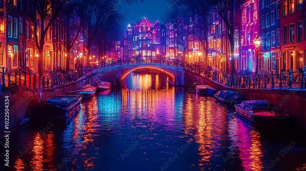 Naklejka premium Amsterdam’s canals at night during the Light Festival, adorned with brilliant light displays arching over the bridges, creating vivid patterns on the water.