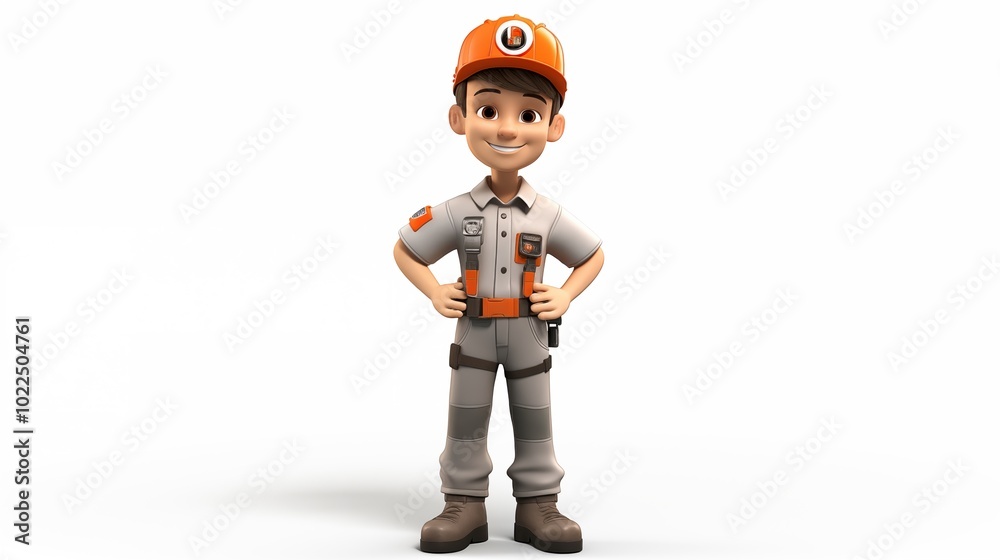 Energetic Electrician 3D rendered full body image of a young male character wearing an electrician s uniform standing confidently at the center of a plain white background, no shadows, generative ai Energetic Electrician 3D rendered full body image of a young male character wearing an electrician s uniform standing confidently at the center of a plain white background, no shadows, generative ai